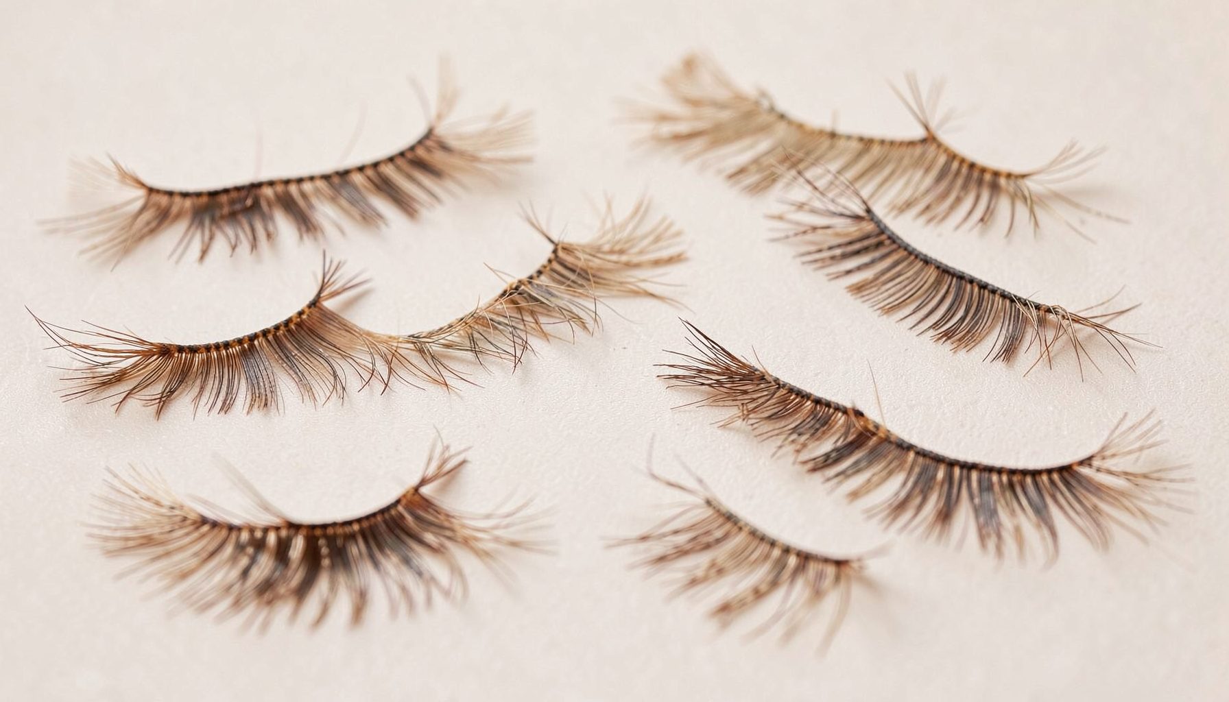 Array of delicate false eyelashes on a soft neutral surface, wispy and flared styles visible, warm beige and taupe palette, beauty-editorial mood