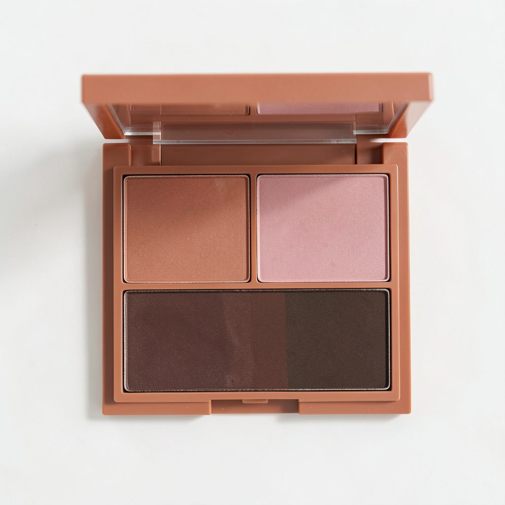 Overhead view of an open eyeshadow palette with warm terracotta, dusty rose, and deep brown shades, soft natural lighting, clean and minimal beauty aesthetic