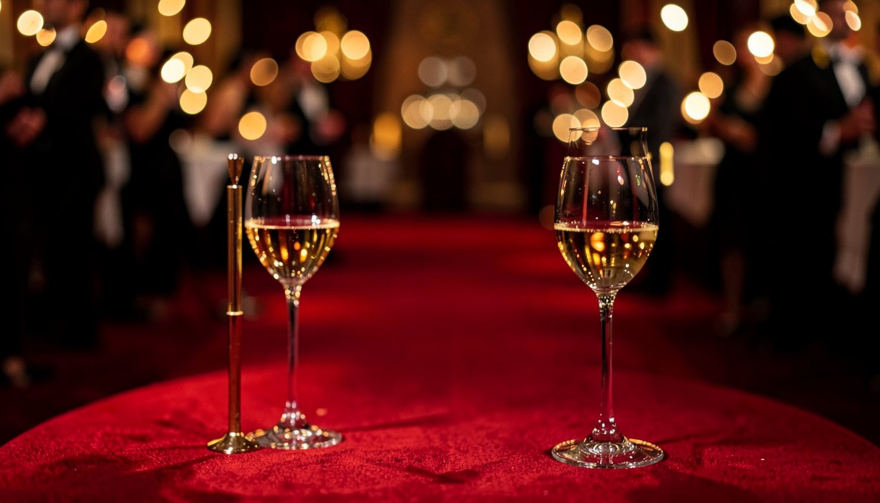 Glamorous red-carpet ambiance with soft golden bokeh lights, elegant and aspirational mood, warm champagne and deep burgundy tones
