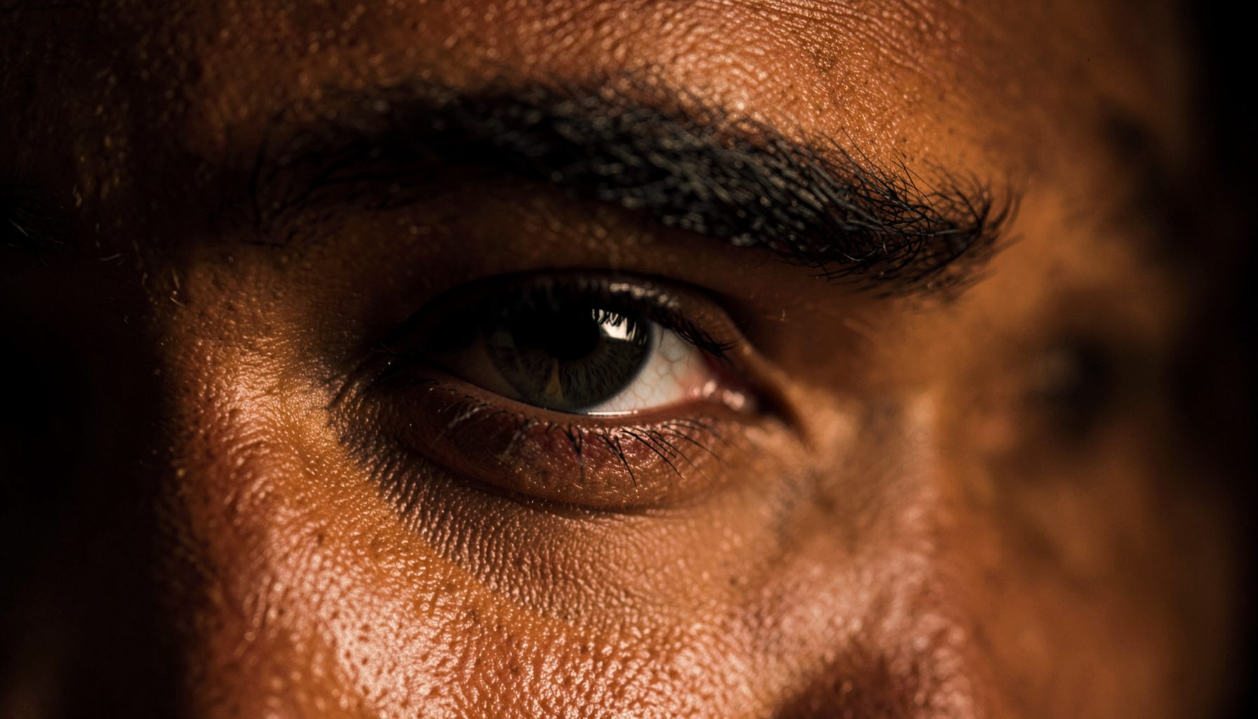 Dramatic eye close-up with defined brow and lifted outer corner, deep charcoal and warm amber tones, intense and focused mood
