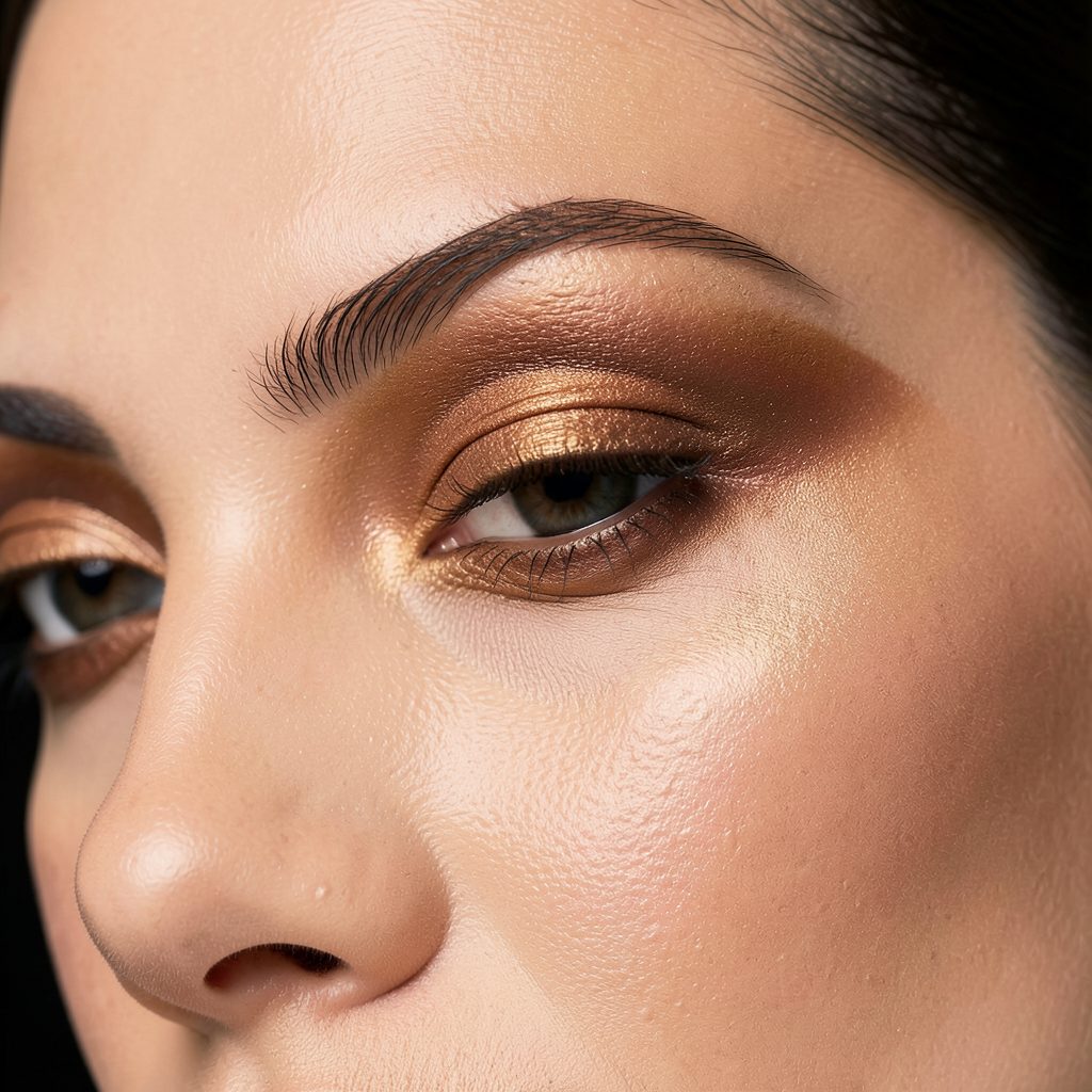 Close-up of a person's eye area with soft warm bronze eyeshadow blended upward, rich amber and brown tones against a dark background, confident and polished mood