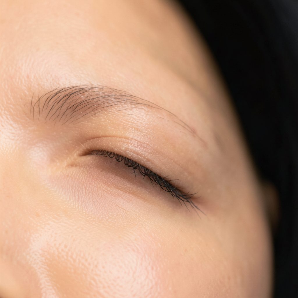 Abstract close-up of a smooth brow area with soft warm light and dark background, clean and clinical yet elegant mood