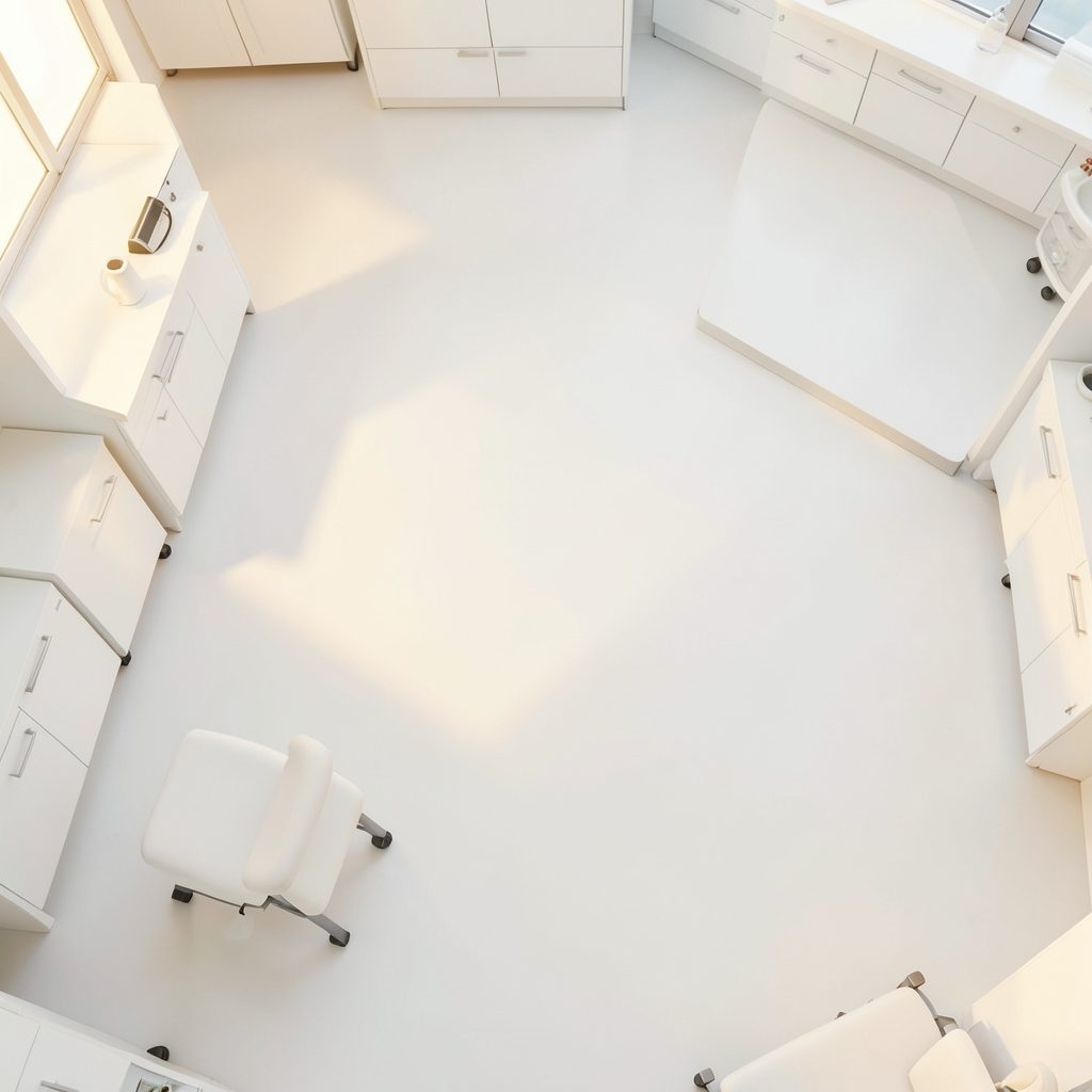 Abstract overhead view of a clinical setting with clean white surfaces and soft golden light, calm and precise mood