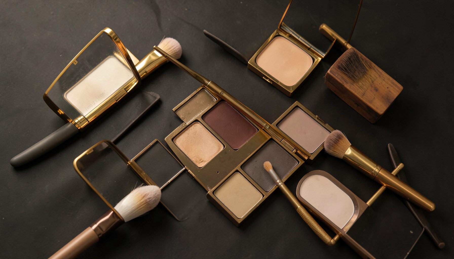 Warm golden-toned flatlay of makeup brushes, eyeshadow palettes, and soft neutral pigments arranged on a dark matte surface, elegant and beauty-focused mood