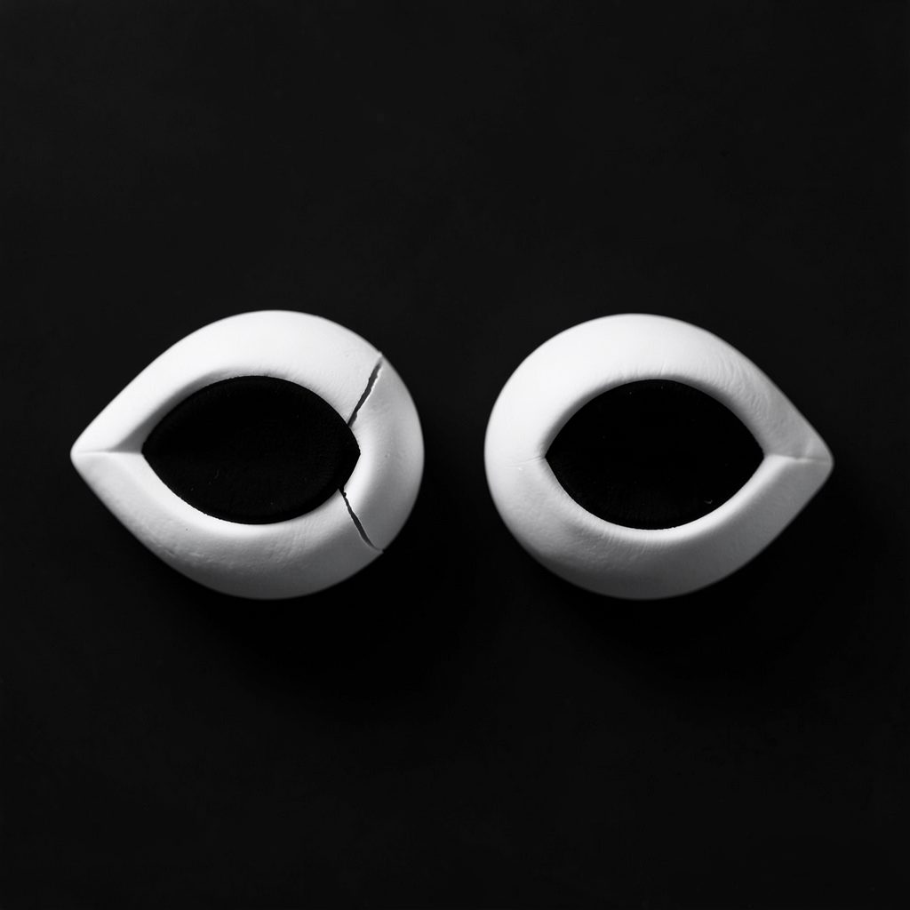 Two abstract eye-shaped forms side by side on a dark background, one with a visible crease and one without, stark black and white contrast