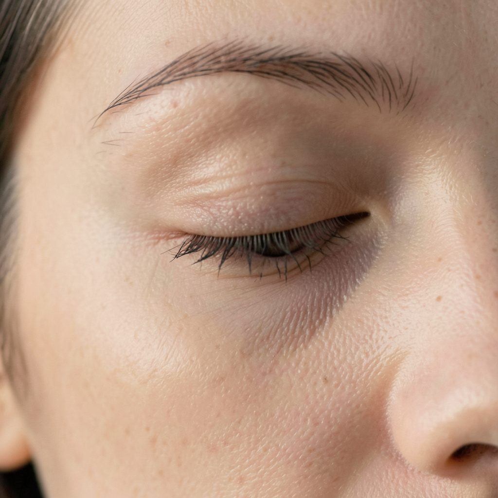 Side profile of a closed eye showing a soft fold of skin draping over the eyelid, warm neutral tones, gentle and introspective mood