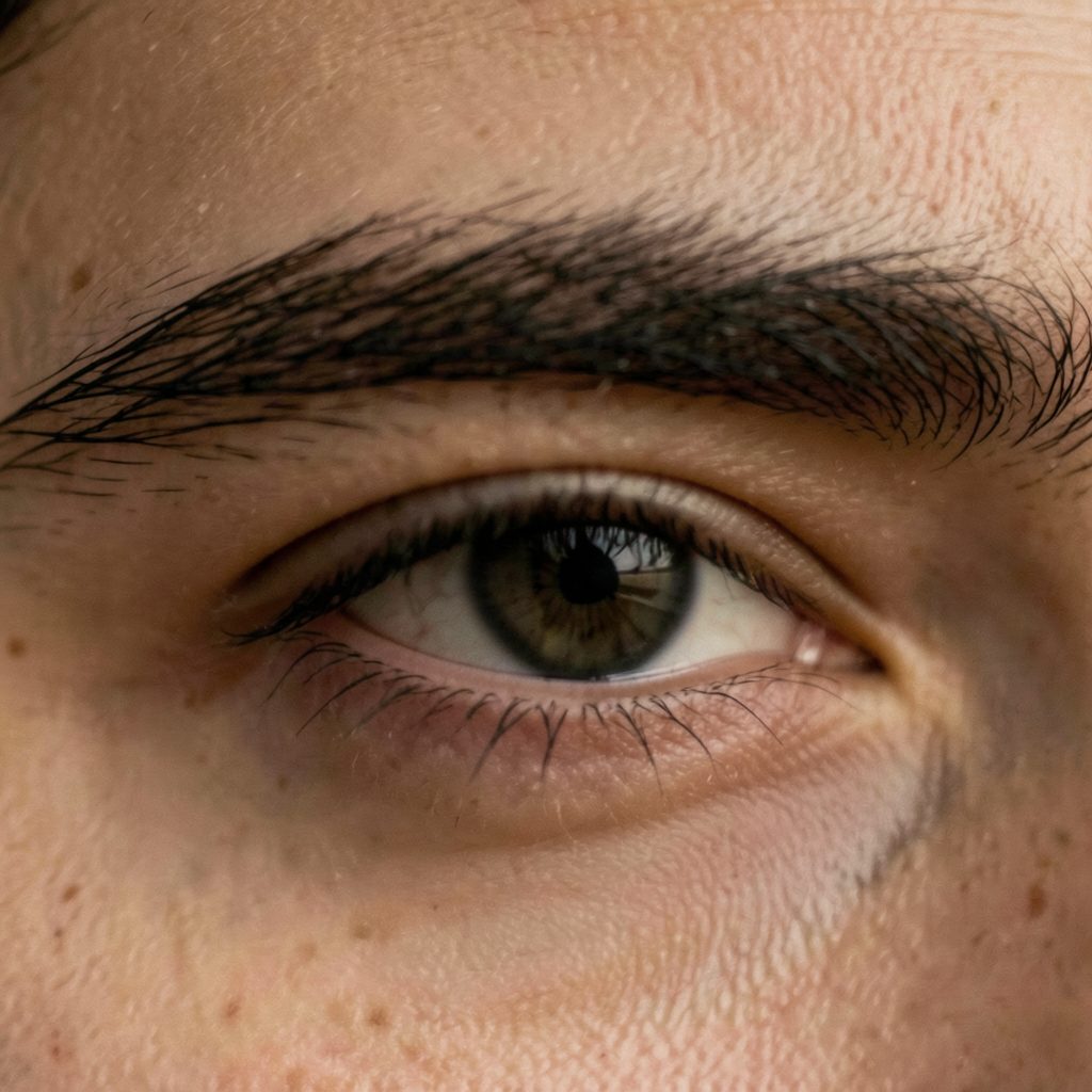 Soft close-up of a single eye with a heavy brow fold, muted warm tones, contemplative mood