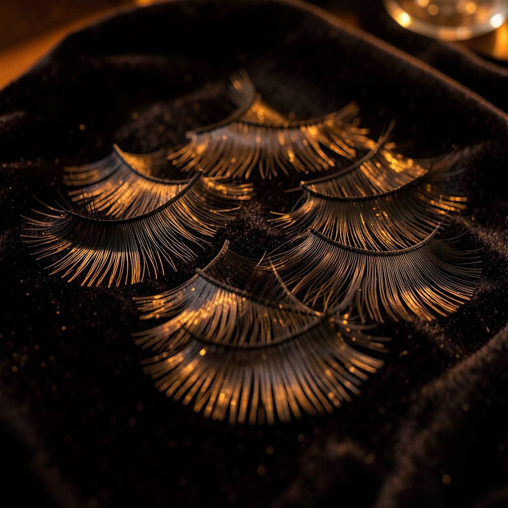 Soft arrangement of various false lash strips on a dark velvet surface, warm amber lighting, beauty flat-lay mood