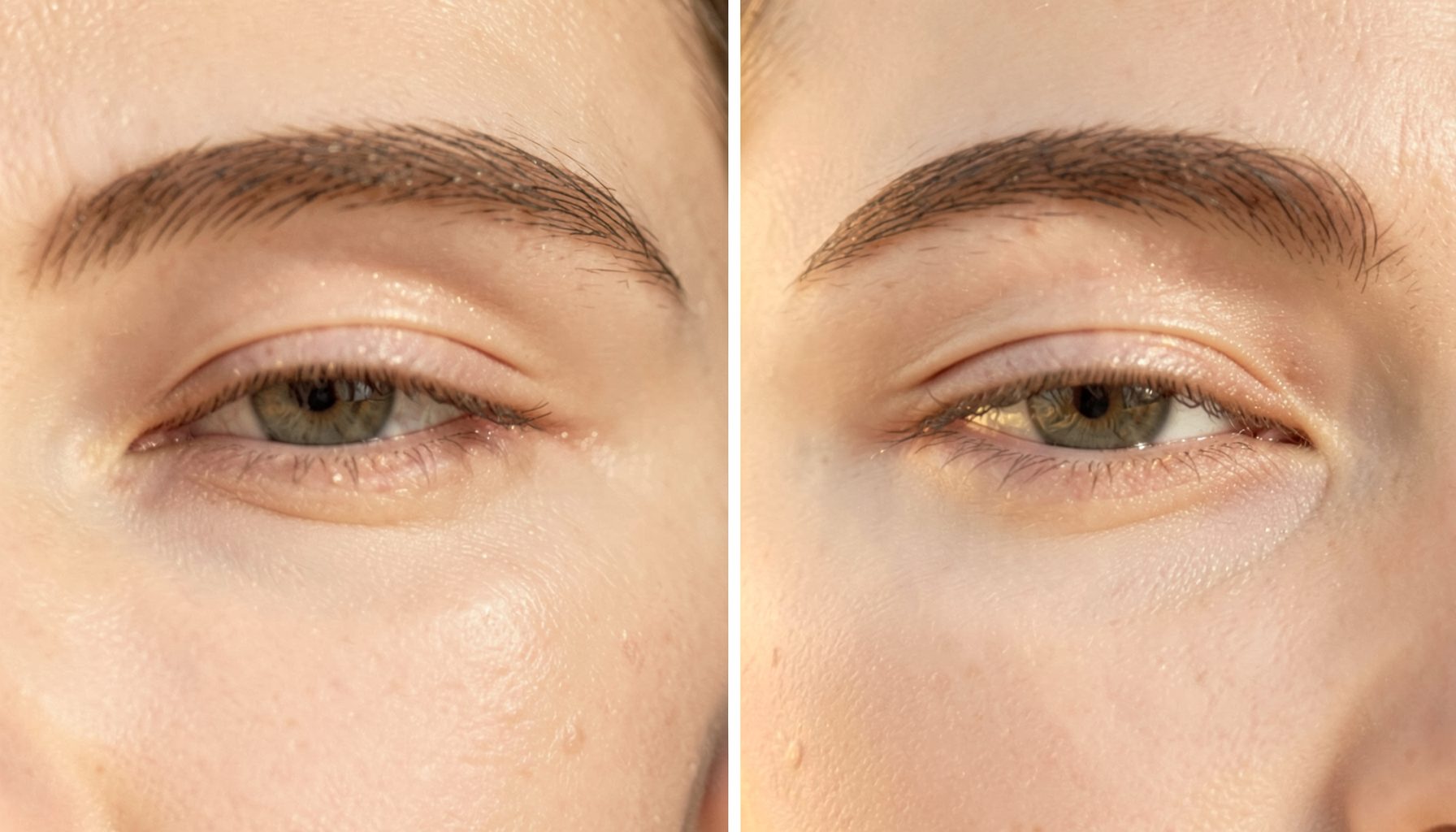 A soft, warm-toned close-up of two eye shapes side by side in diffused golden light: one with a visible eyelid crease and open lid space, the other with a subtle skin fold partially covering the upper lid. The mood is gentle, editorial, and beauty-focused with neutral beige and taupe tones.