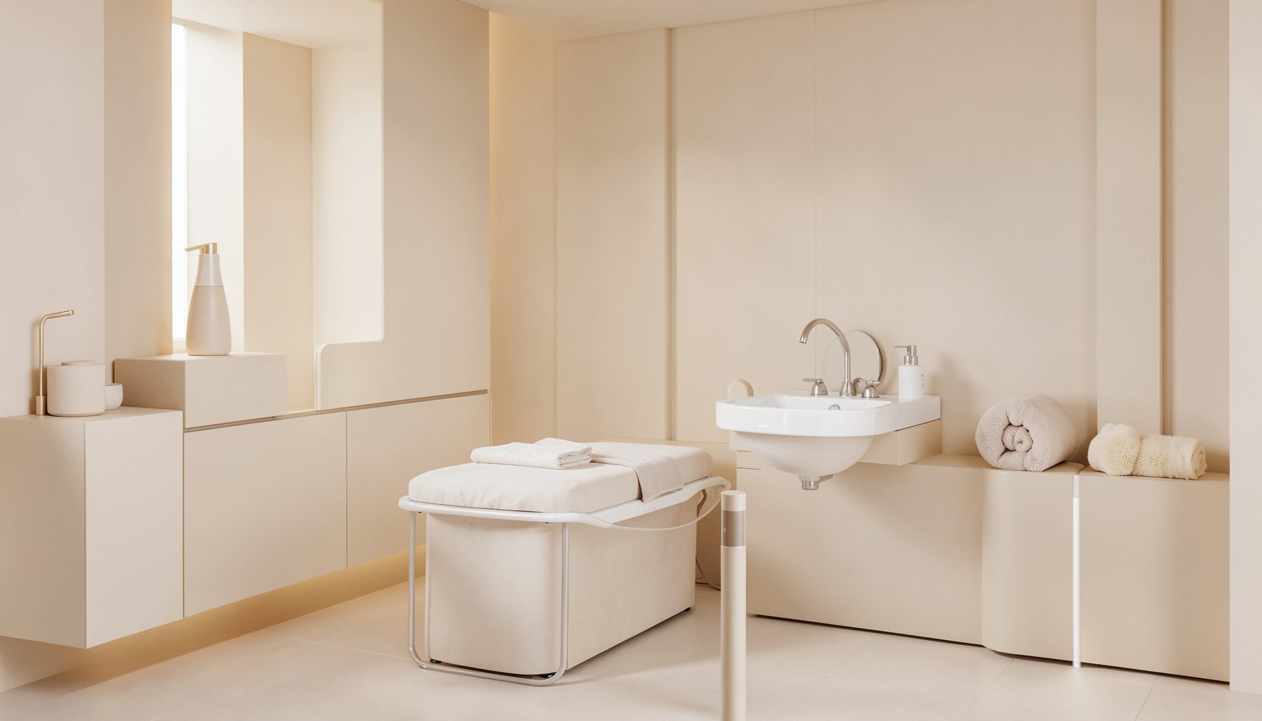 Minimalist beauty-treatment setting with soft beige and cream tones, serene and clinical yet warm atmosphere