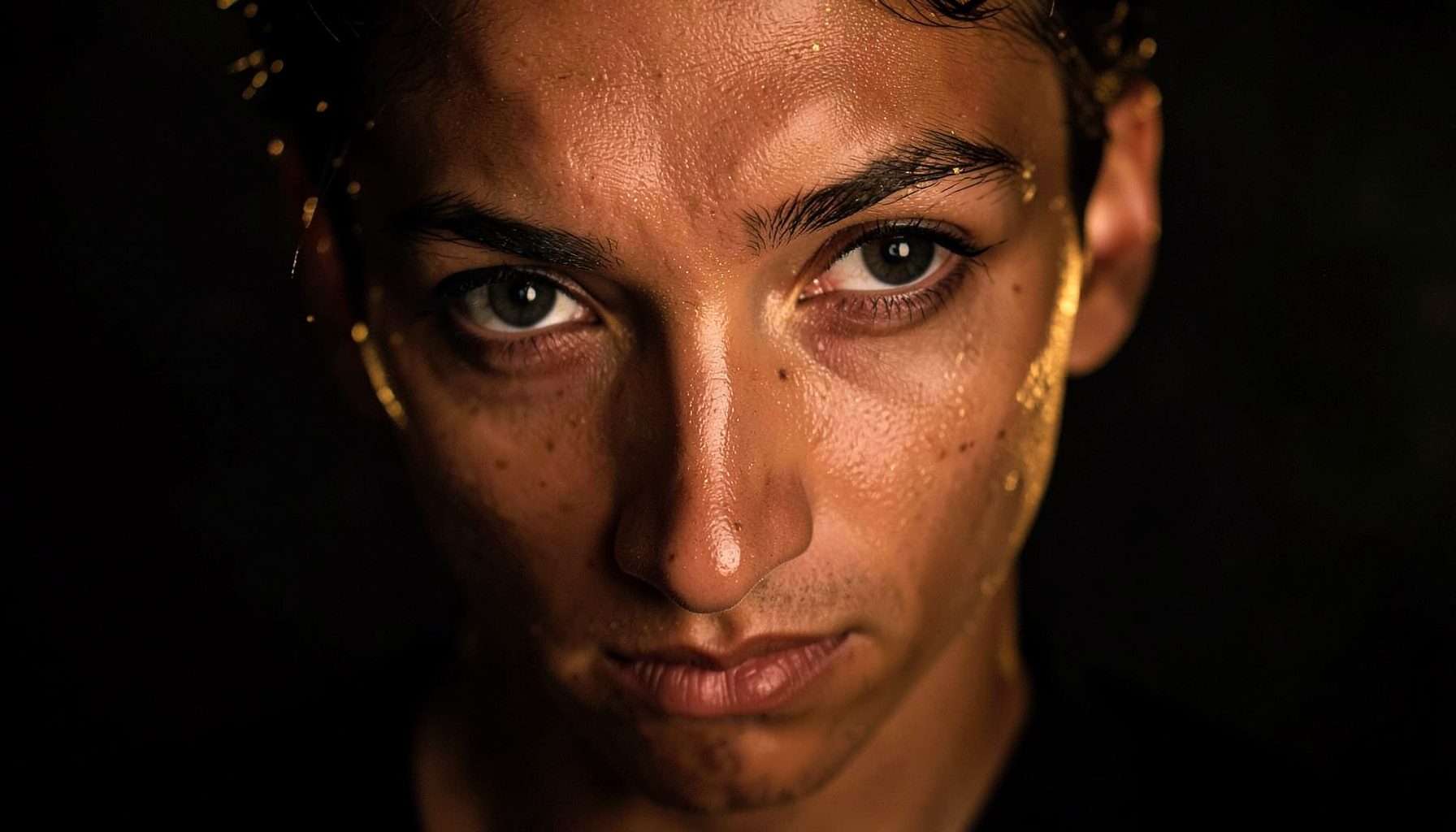 Striking eye with a pronounced positive canthal tilt and almond contour, dark background with subtle golden highlights, bold and captivating mood