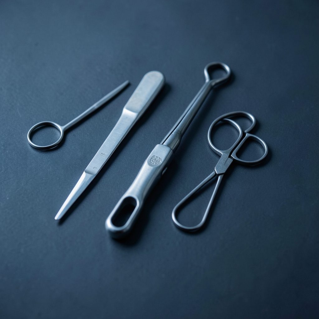 Minimalist surgical tools arranged on a dark surface with cool blue-grey tones, precise and serious mood